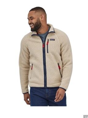Patagonia Beige Fleece Jacket with Navy Trim and Red Accents
